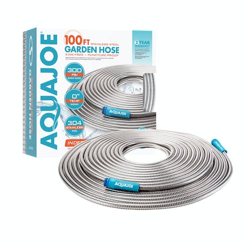 Restored Aqua Joe AJSGH100 Heavy-Duty Puncture Proof Kink-Free Metal Garden Hose | 100-Foot | 304-Stainless Steel | Spiral Constructed | 1/2-Inch Diameter (Refurbished)