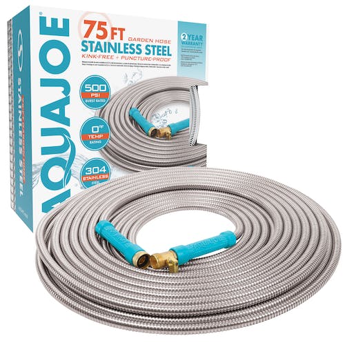 Restored Aqua Joe AJSGH75-MAX Puncture Proof, Kink-Free Garden Hose | 75-Foot | 1/2-Inch | w/ Brass Fitting & On/Off Valve | 304-Stainless Steel Metal (Refurbished)