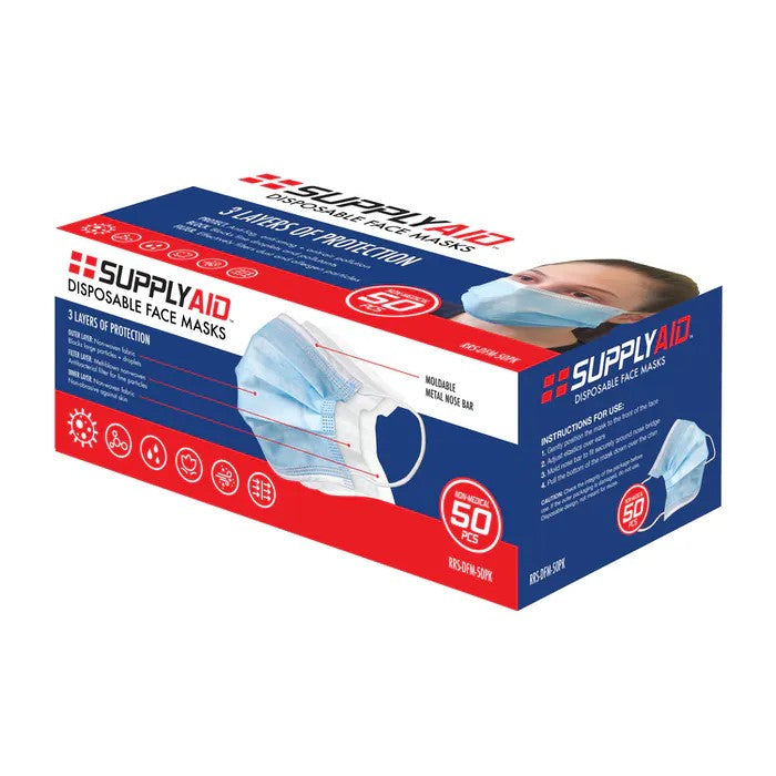 SUPPLYAID RRS-DFM-50PK Disposable Face Masks | 50 Count | 3-Layer