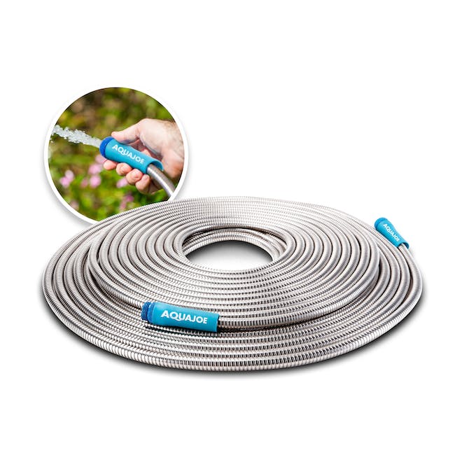 Restored Aqua Joe AJSGH100 Heavy-Duty Puncture Proof Kink-Free Metal Garden Hose | 100-Foot | 304-Stainless Steel | Spiral Constructed | 1/2-Inch Diameter (Refurbished)