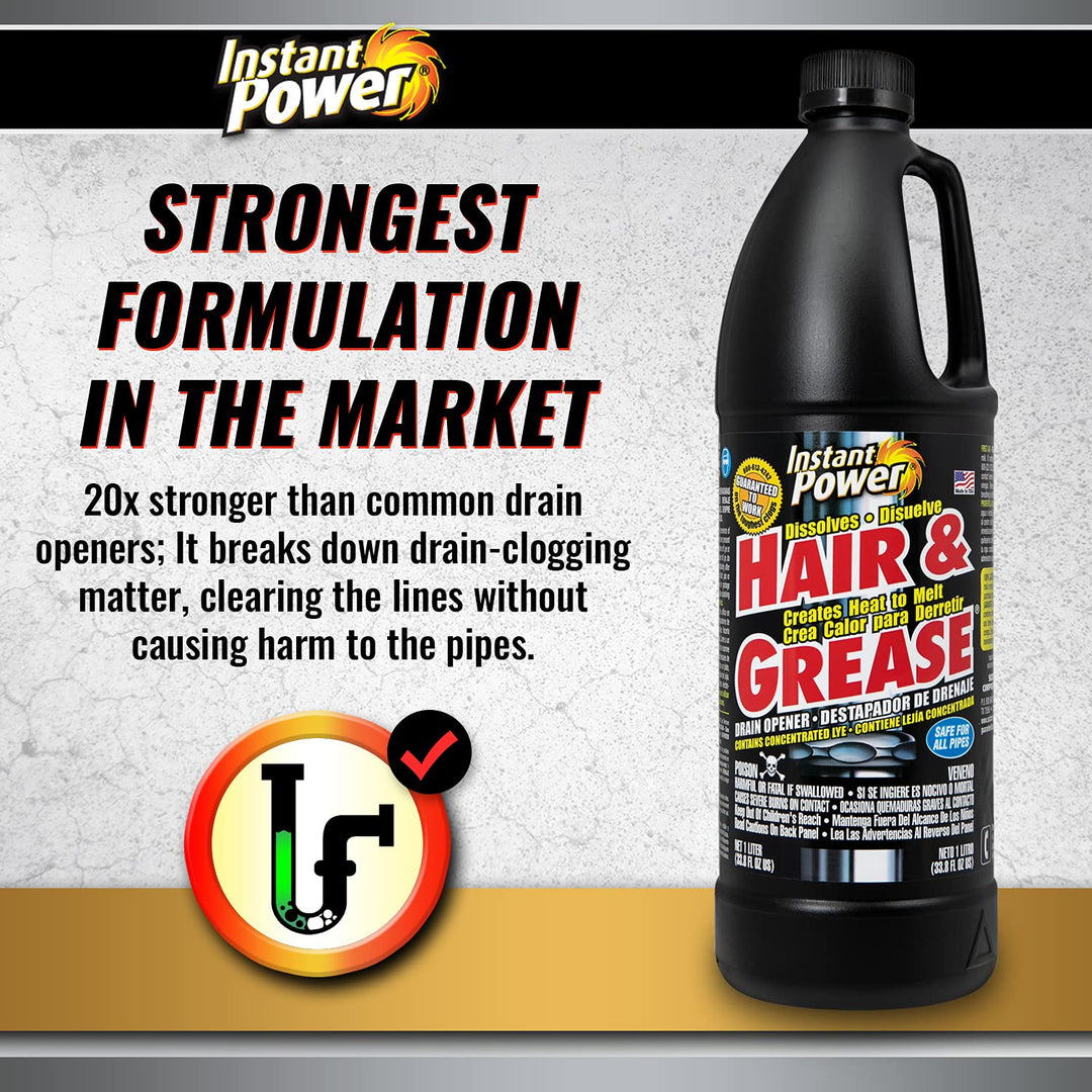 Instant Power 1969 Hair and Grease Drain Opener | 1L | Liquid, Black (6-Pack)