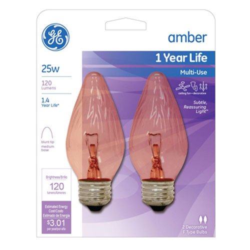 G E LIGHTING 75339 Amber Flame Shaped Bulb, 25W, 2-Pack