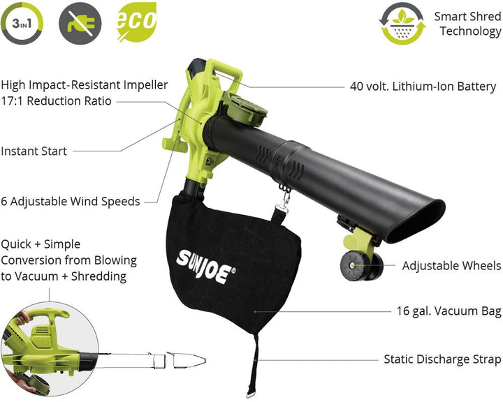 Restored Sun Joe iONBV 40-Volt 4.0 Ah Cordless Blower/Vacuum/Mulcher w/ Battery & Charger (Refurbished)