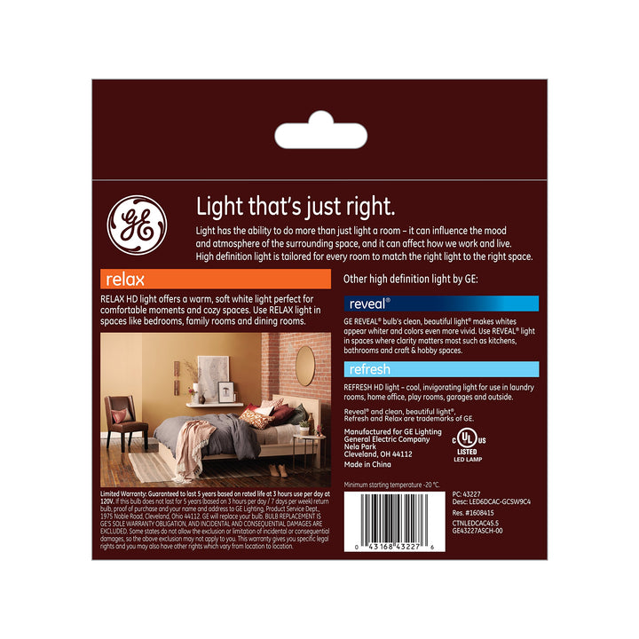 GE Lighting Relax HD LED Chandelier Light Bulbs, Bent Tip, 60W Replacement, 4-Pack, Clear Finish, Soft White, Dimmable, E12 LED Bulb