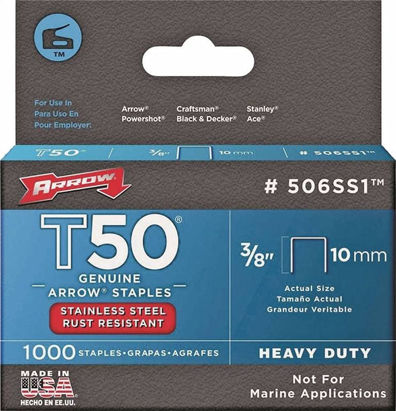 Arrow Fastener 506SS1 3/8" T50 Stainless Steel Staples 1000 Count