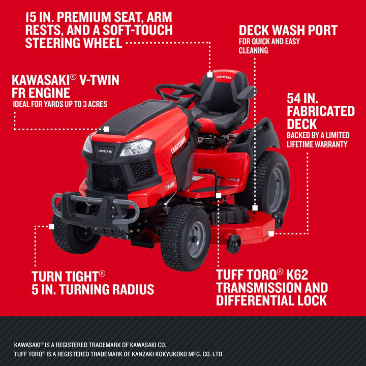 Restored CRAFTSMAN T4400 | Riding Lawn Mower | 54-in | 24-HP V-twin (Refurbished)