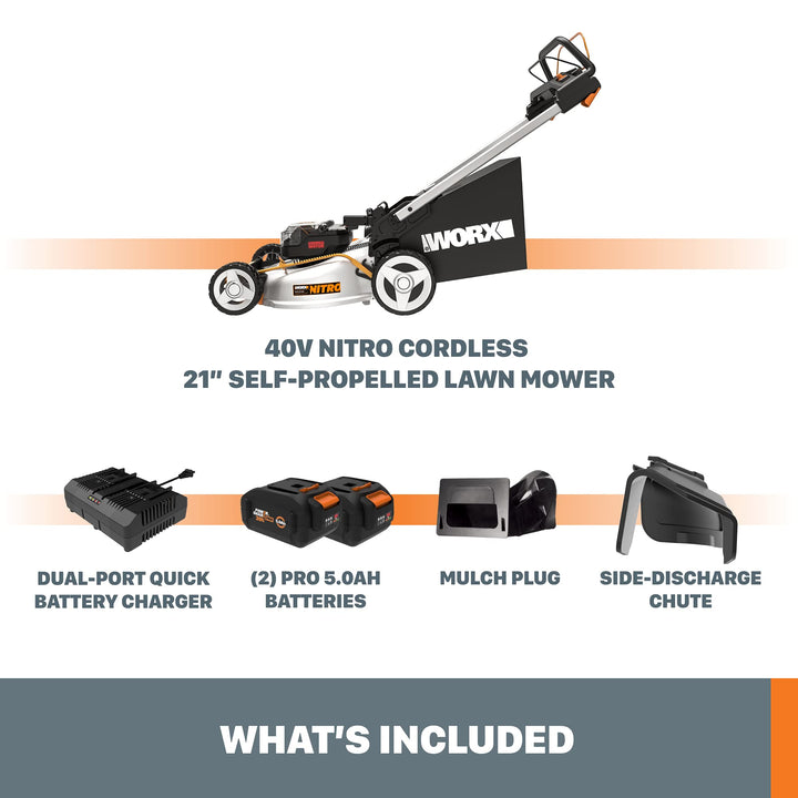 Restored Scratch and Dent Worx Nitro WG753 40V Power Share PRO 21" Cordless Self-Propelled Lawn Mower (Batteries & Charger Included) (Refurbished)