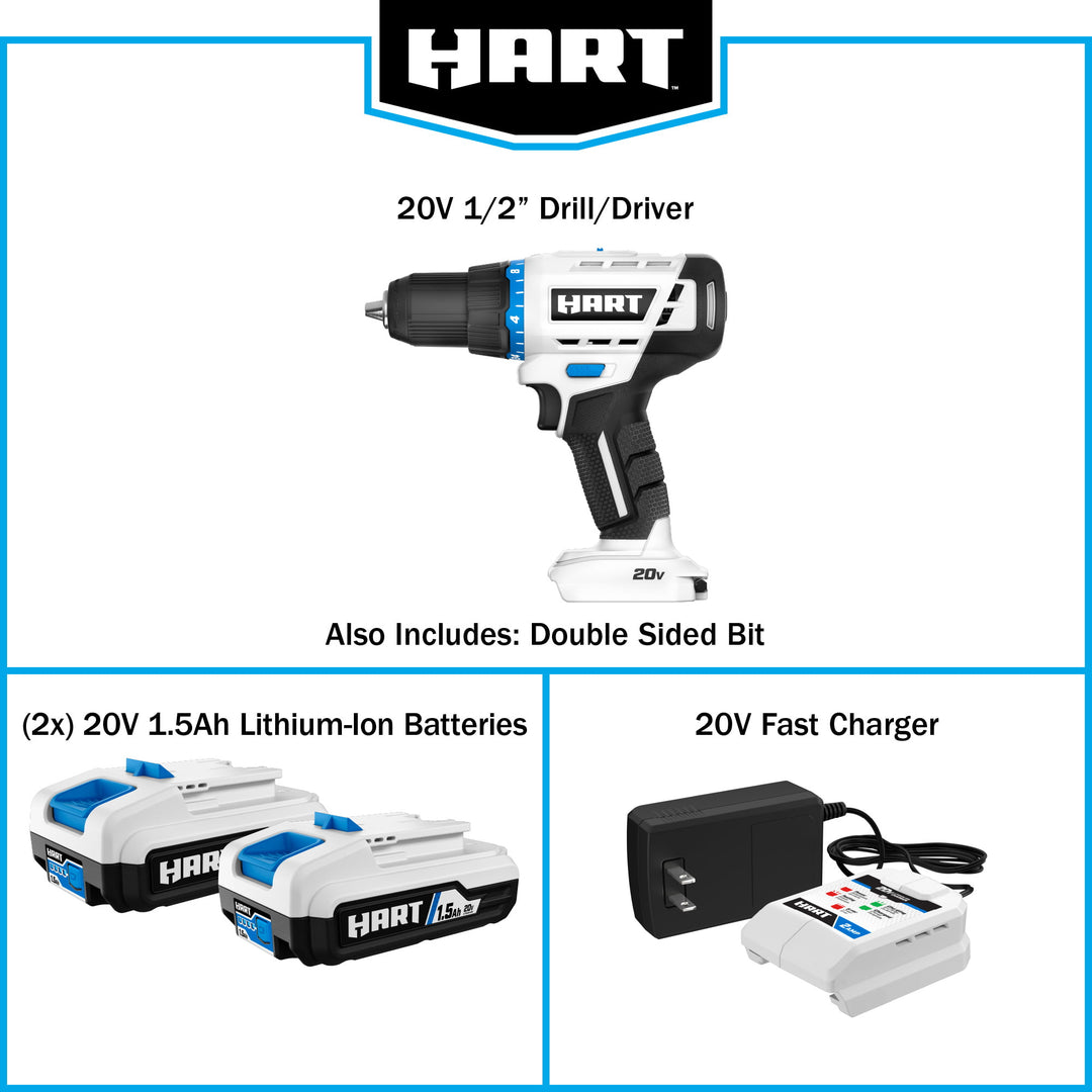 Restored HART 20-Volt Cordless 1/2-inch Drill/Driver Kit, (2) 1.5Ah Lithium-Ion Batteries, Gen 2 (Refurbished)