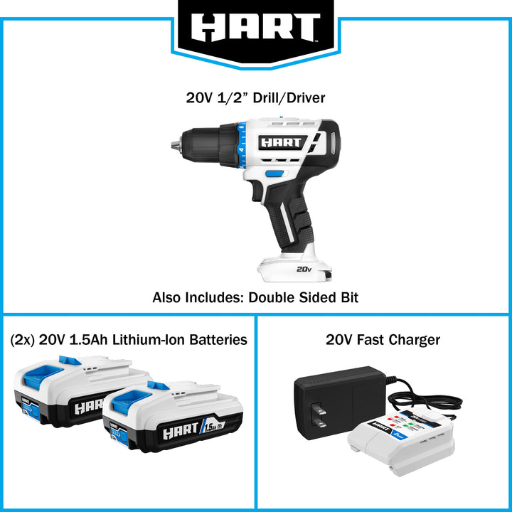 Restored Scratch and Dent HART 20-Volt Cordless 1/2-inch Drill/Driver Kit, (2) 1.5Ah Lithium-Ion Batteries, Gen 2 (Refurbished)