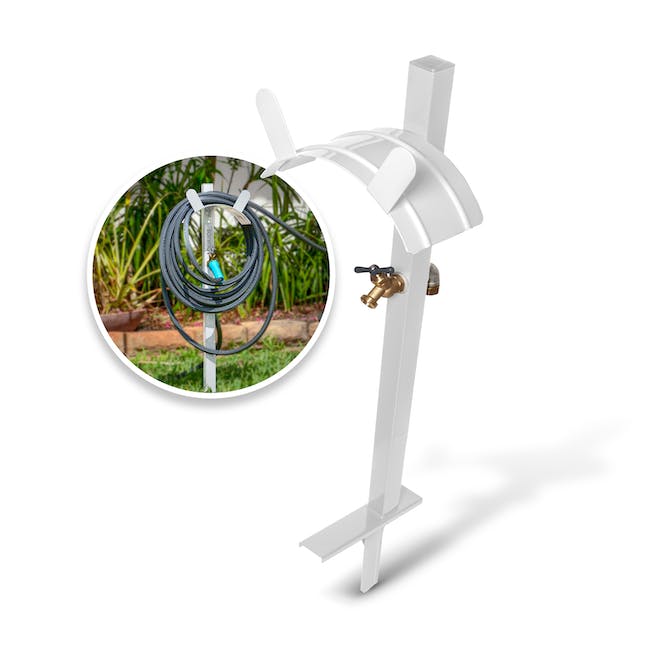 Restored Aqua Joe SJ-SHSBB-WHT Garden Hose Stand W/ Brass Faucet | Stores Up To 125-ft (White) (Refurbished)