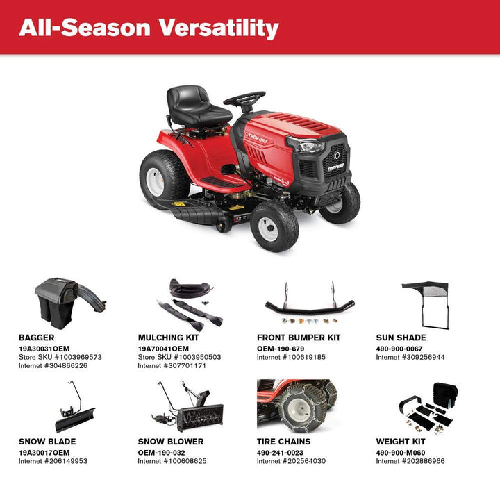 Troy Bilt Bronco 42 | Automatic Drive Gas Riding Lawn Tractor | 42 in. | 19 HP Briggs & Stratton Engine | With Mow in Reverse (Open Box)