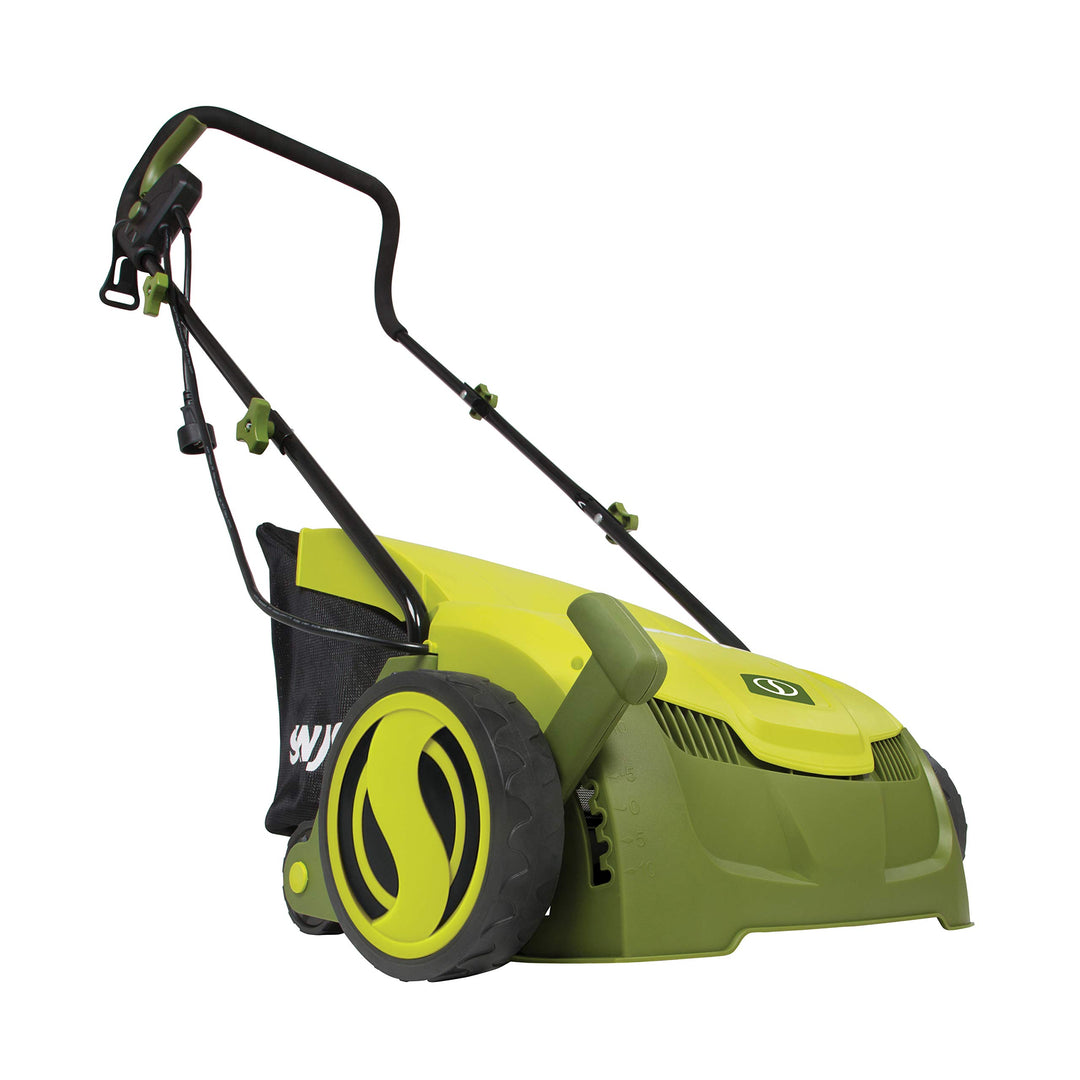 Restored Scratch and Dent Sun Joe AJ801E 13 in. 12 Amp Electric Scarifier + Lawn Dethatcher w/Collection Bag, Green [Remanufactured]