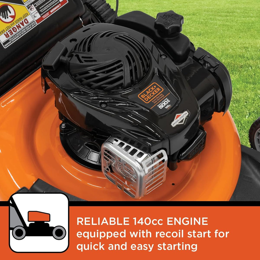 Restored Scratch and Dent BLACK+DECKER 21-Inch 3-in-1 Gas Powered Push Lawn Mower with 140cc Briggs & Stratton Engine, Black and Orange (Refurbished)