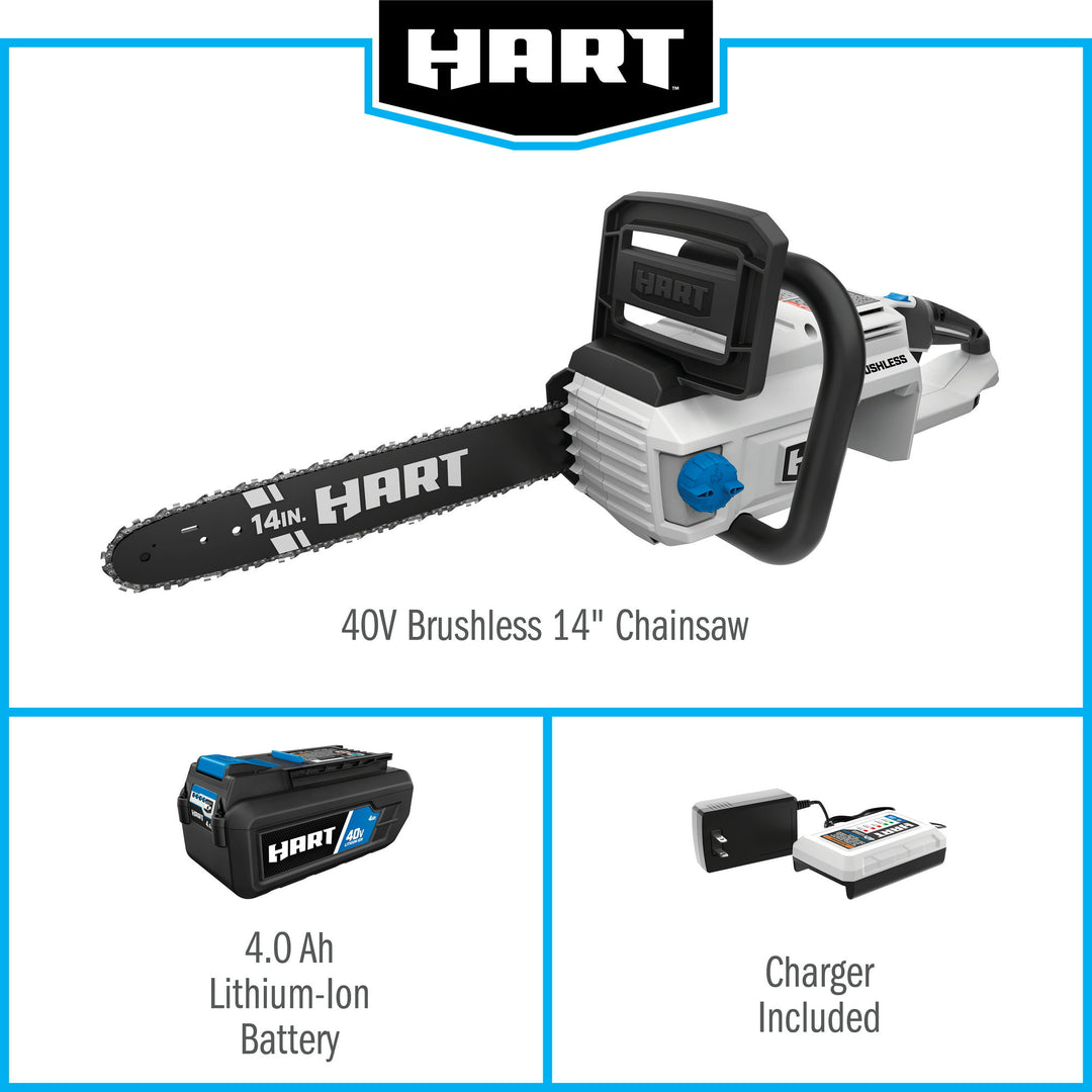 Restored HART 40-Volt Cordless Brushless 14-inch Chainsaw Kit (1) 4.0Ah Lithium-Ion Battery (Refurbished)