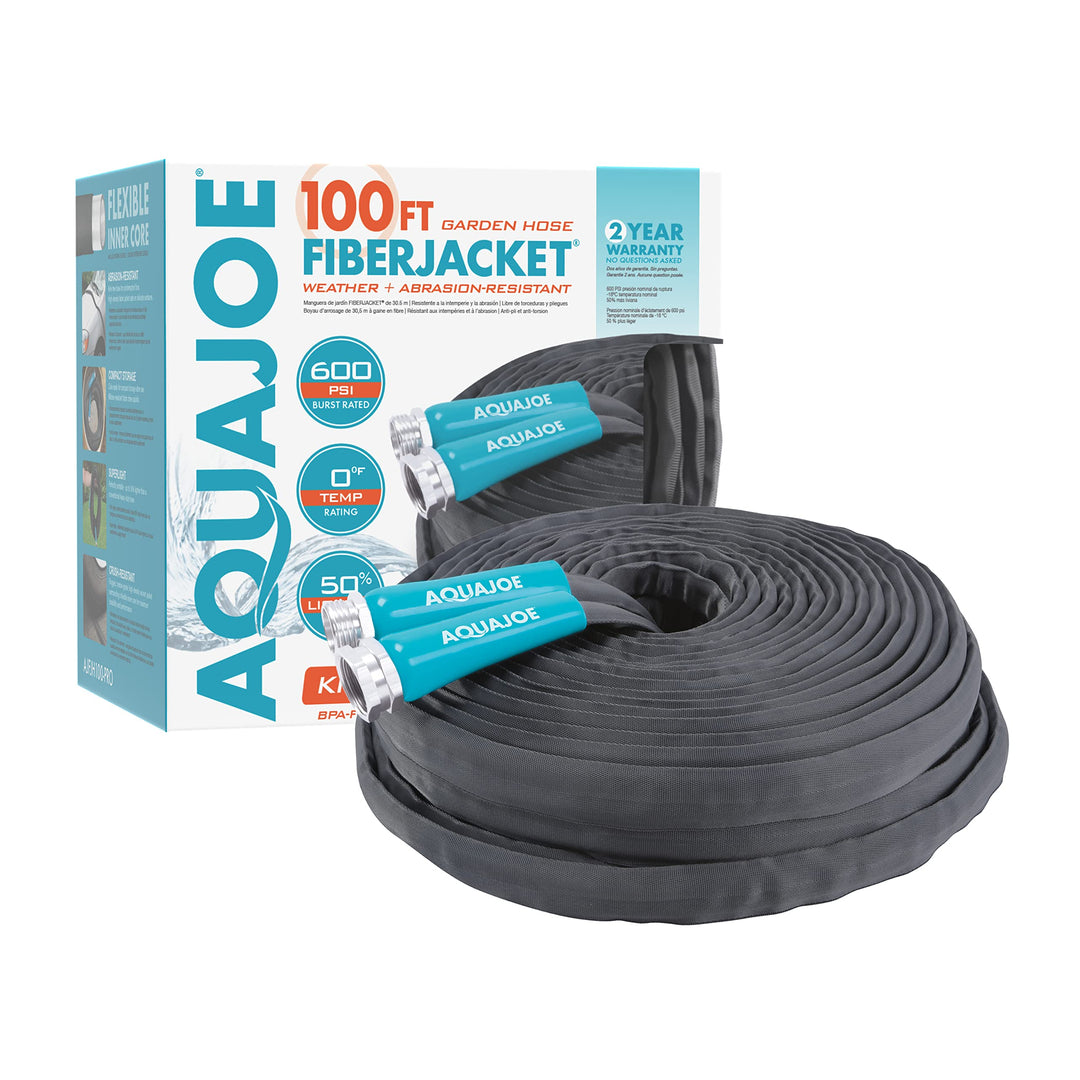 Restored Scratch and Dent Aqua Joe AJFJH100-PRO 100 Foot Fiberjacket Garden Hose w/Metal Fittings and Twist Nozzle, 600 Max PSI Rating (Refurbished)