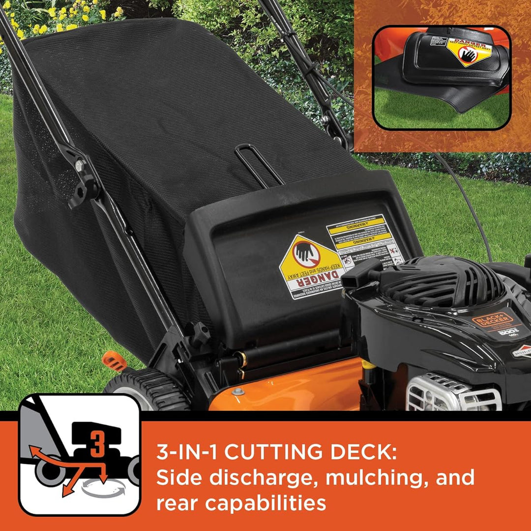 Restored Scratch and Dent BLACK+DECKER 21-Inch 3-in-1 Gas Powered Push Lawn Mower with 140cc Briggs & Stratton Engine, Black and Orange (Refurbished)