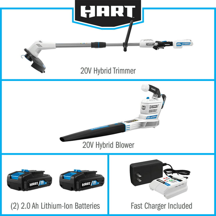 Restored HART 20-Volt Cordless Hybrid 12-inch String Trimmer/Edger and Blower Kit (2) 2.0Ah Lithium-Ion Batteries (Refurbished)