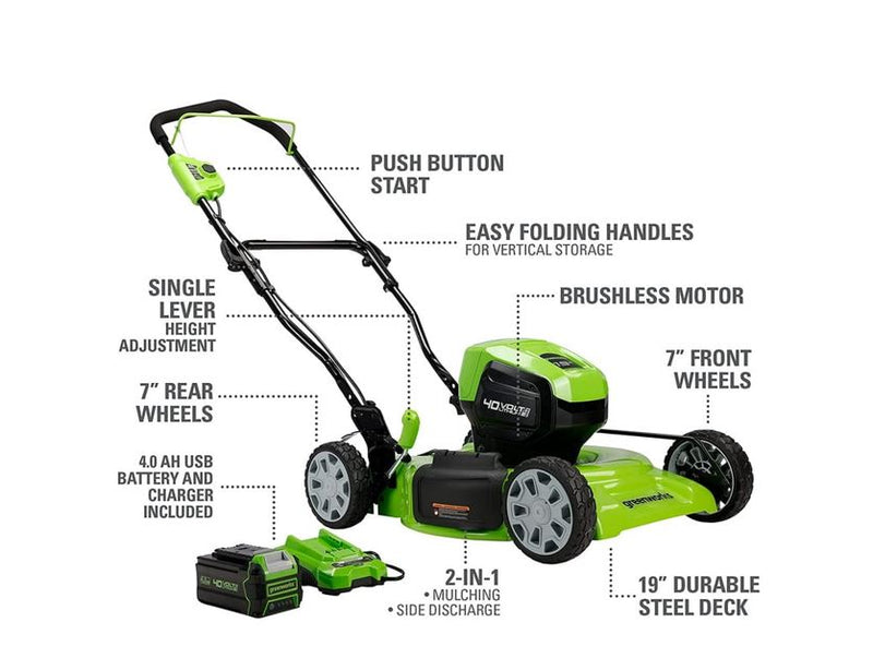 Restored Scratch and Dent Greenworks 40V 19-inch Brushless Walk-Behind Lawn Mower W/ 4.0 Ah Battery and Charger, 2524902AZ (Refurbished)