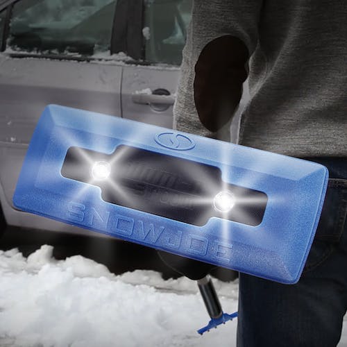 Restored Scratch and Dent Snow Joe SJBLZD-LED | 4-In-1 Telescoping Snow Broom + Ice Scraper | 18-Inch Foam Head | Headlights (Blue) (Refurbished)