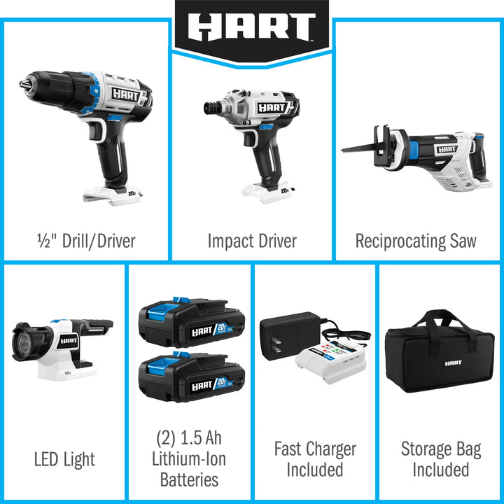 (Restored) HART 20-Volt Cordless 4-Tool Combo Kit with 16-inch Storage Bag, (2) 20-Volt 1.5Ah Lithium-Ion Battery (Refurbished)