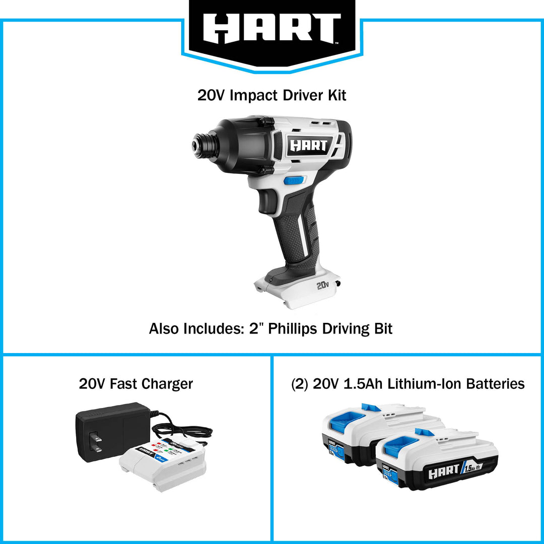 Restored HART 20-Volt Cordless Impact Driver Kit, (2) 1.5Ah Lithium-Ion Batteries, Gen 2 (Refurbished)