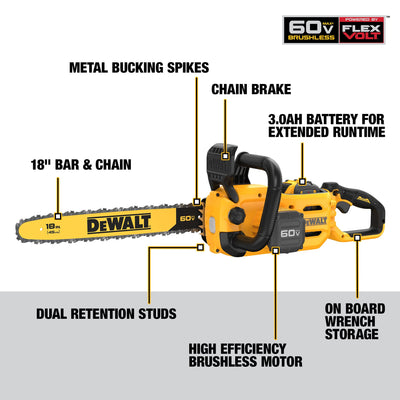 DEWALT (DCCS672X1 60V FLEXVOLT 18" Brushless Chainsaw, Yellow/Black [LOCAL PICKUP ONLY]