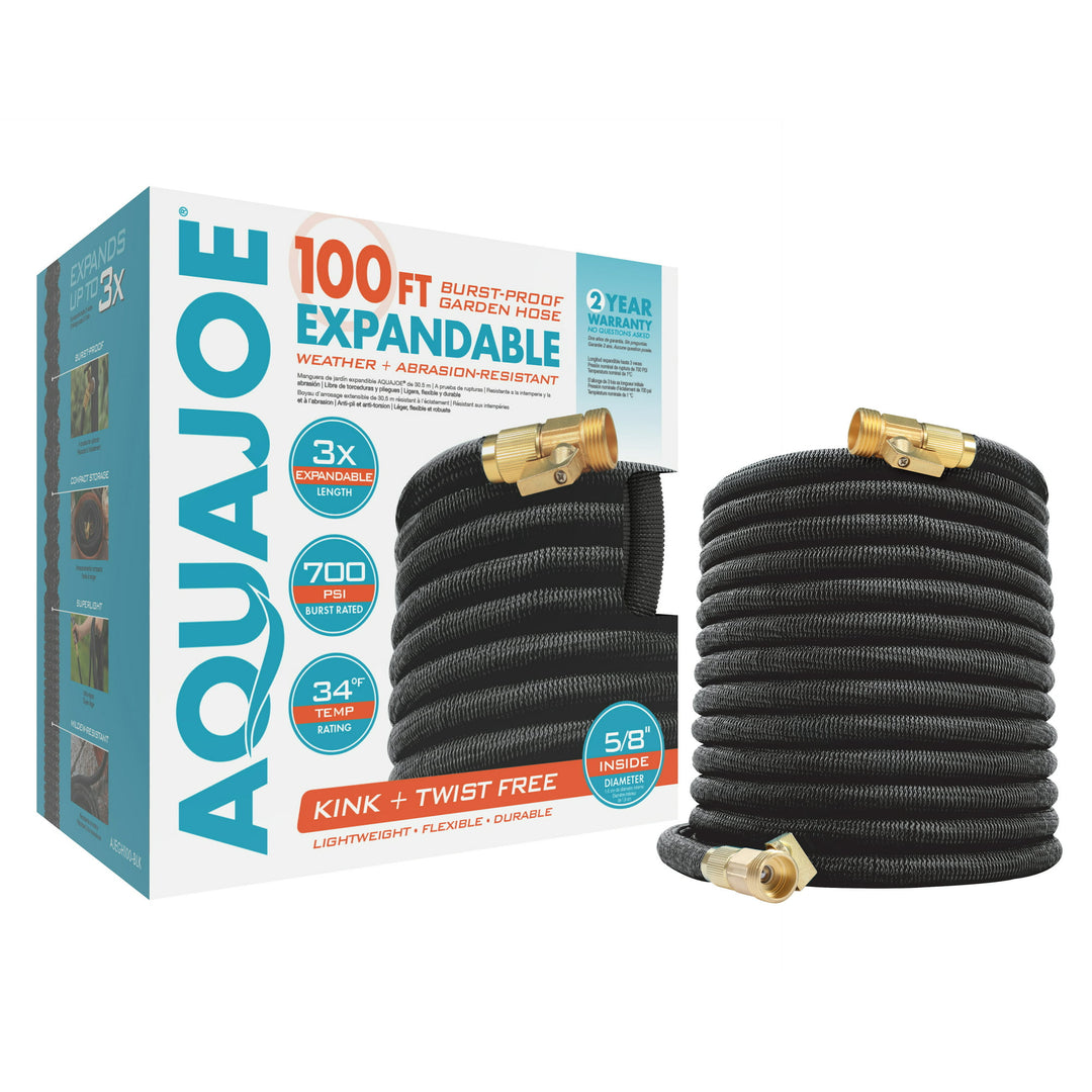 Restored Scratch and Dent Aqua Joe Kink-Free 100-Foot Expandable Garden Hoses W/ Heavy-Duty Brass Valve & Flow Control Shut-off, 5/8-inch (Black) (Refurbished)