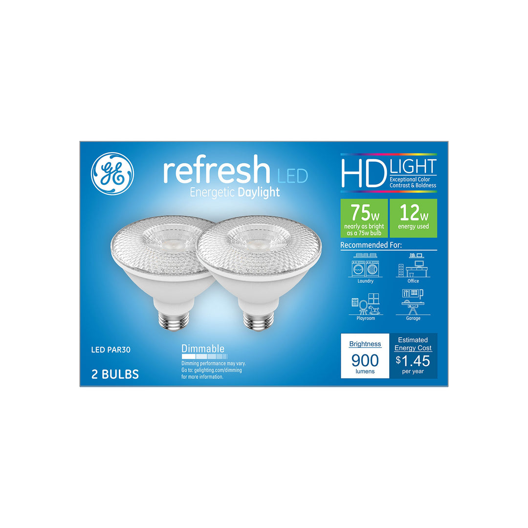 GE Refresh HD Flood Light Dimmable LED Light Bulbs, PAR38 LED Flood Light (75 Watt Replacement LED Bulbs), 900 Lumen, Medium Base Light Bulbs, Daylight, 2-Pack LED Floodlights, Title 20 Compliant